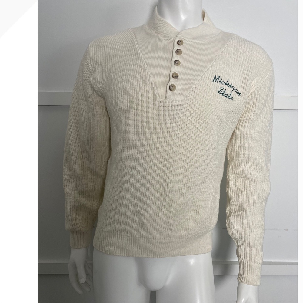 VTG King Louie Pro Fit Michigan State Henley Sweater Cream Men's S Made in USA